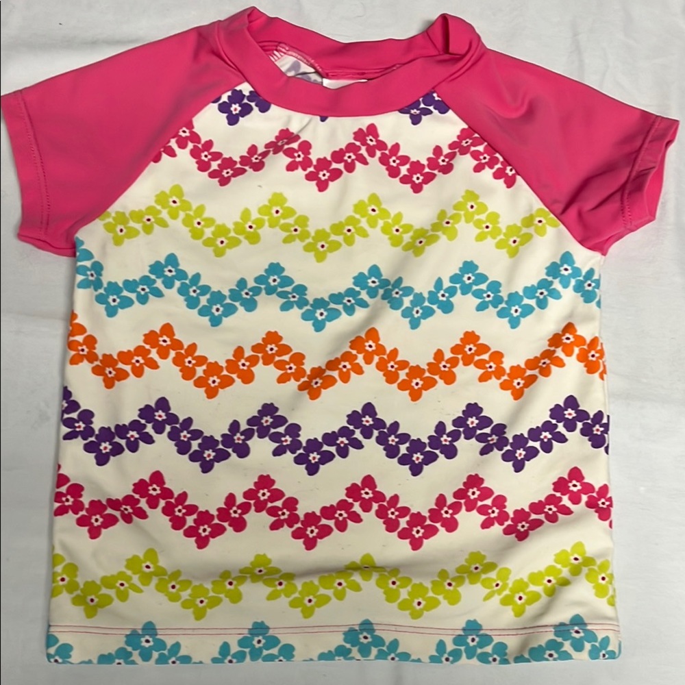 4T Gymboree Kids Swim Shirt with Pink Sleeves and Multicolor Floral Pattern